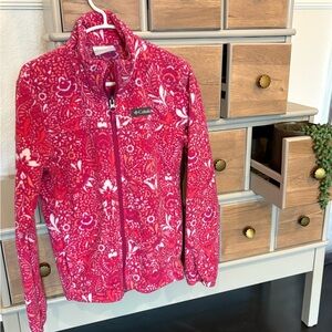 Columbia Girls Pink & Orange Warm Fleece Zip Up Jacket Pockets Kid’s Small 7/8